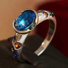 Vintage Oval Blue Cubic Zirconia Jewelry, Suitable For Women's Daily, Banquet, Date And Party Wear - Silver - View 6