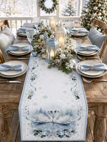 1pc Blue White Winter Swan Table Runner, Elegant Linen Rectangular Snowflake Holly Ribbon Lake Swan Printed Tablecloth Cover For Dining Table, Kitchen, Buffet, Christmas Dinner, Holiday Party And Winter Home Decor - Multicolor - View 8