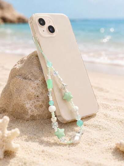 1pc Minimalist Fresh Light Green Star Pearl Beaded Phone Chain Handmade Transparent Square Crystal Tube Bead Pendant Universal Phone Case Decor String Vacation Travel Gift For Ladies
