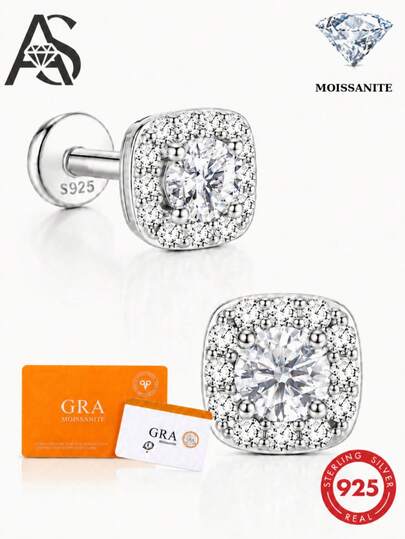 AnlaScheer 1pc Moissanite 925 Sterling Silver Exquisite Square Flat Back Cartilage Spiral Thread Piercing Earring, Women's Engagement Wedding Bridal Jewelry