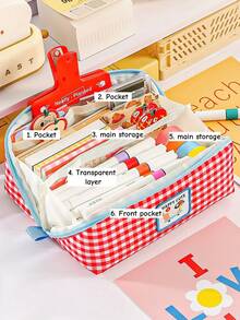 1pc Retro Plaid Pencil Case, Happy Cute Dancing Cat Colorful Plaid Multi-Pocket Square Stationery Storage Bag, Back To School Essential For Students - Multicolor - View 5