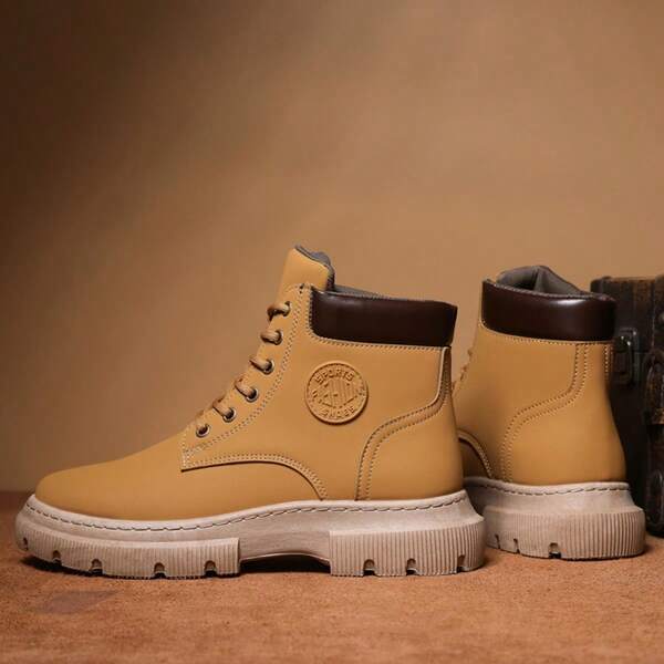 Vintage Yellow High-Top Boots For Men, Thick Sole Big Yellow Boots, Outdoor Work Boots, Chunky Heel Thick Sole Non-Slip Outdoor Work Combat Ankle Boots