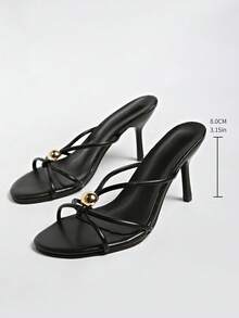 Summer Metal Decor Strap High Heel Sandals, Minimalist Resort Style Thin Heel Mule Shoes,Kitten Heels - Black - View 11