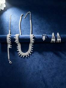 1 Set Luxury Fashion Zirconia Necklace, Earrings, Bracelet, Ring 4-Piece Jewelry Set For Women, Bridal Wedding Evening Party Formal Engagement High-End Jewelry - Silver - View 5