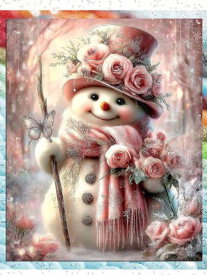 Pink Rose Snowman Diamond Painting Kit For Adults, Winter Romantic Flower Snowman Butterfly Crystal Rhinestone Art, Christmas Wall Decor Gift