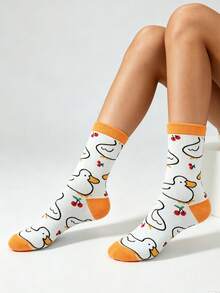 1/5/10 Pairs Women Novelty Cherry Duck Pattern Crew Socks,Soft Breathable Cute Cartoon Graphic Mid-Calf Socks,For Daily Wear&Home Outfit Matching - Multicolor - View 3