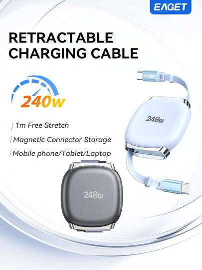 Kabel Pengisian Daya USB-C ke USB-C 240W yang Dapat Ditarik, Panjang 1m, Penyimpanan Magnetik, Kabel Pengisian Cepat, Kompatibel dengan Ponsel, Tablet, dan Laptop Tipe-C
