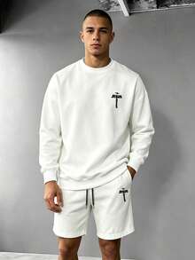 Men's Spring/Autumn Minimalist Printed Letter Crew Neck Long Sleeve Sweatshirt And Shorts Casual Set - White - View 2