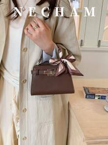 1pc Lychee Textured Asymmetrical Shoulder Bag Small Crossbody Bag Vintage Minimalist Handheld Kelly Square Bag For Women Suitable For Shopping Work Dating With Scarf Included - Coffee Brown - View 2