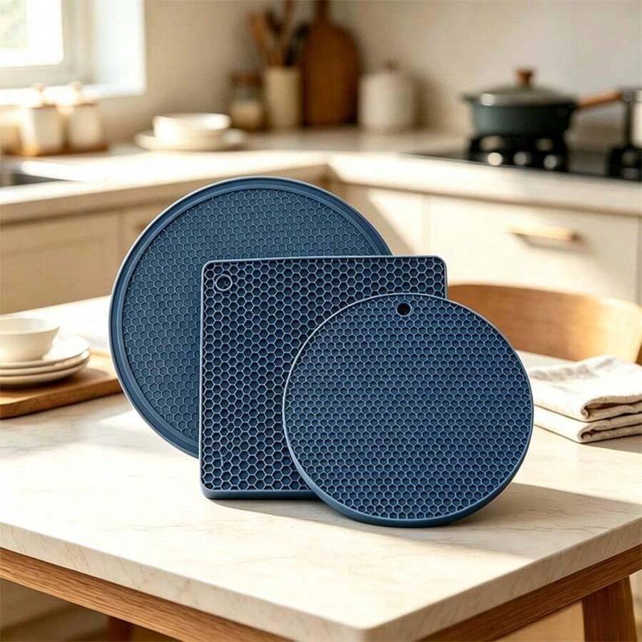 3pcs Honeycomb Texture Silicone Heat Resistant Mat Set, Non-Slip Thickened Kitchen Countertop Protection Insulation Pad, Silicone Mat Block High Temperature Resistant Prevent Countertop Burn And Scratch, Suitable For Hot Pots, Can Opening, Daily Drink Coasters Multi-Scene Accessories - Dusty Blue - View 1