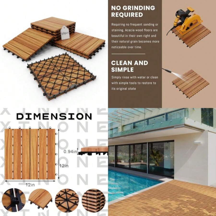 Acacia Wood Deck Tiles, 12" X 12" Interlocking Outdoor Flooring For Patio, Balcony, Garden And Backyard, Durable Natural Wood Floor Tiles For Deck, Porch And Poolside Decor - Soil - View 1
