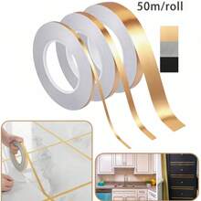 [PVC Kantenschutz] 50m/1968,5 Zoll selbstklebender Fliesenaufkleber, gebürstete goldene Metalltextur Fugenband, mit starker Kleberückseite, perfektes Werkzeug zum Abdecken und Verschönern von Wand- und Bodenfugen - A - Übersicht 3