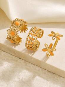 3pcs Stainless Steel 18K Gold Plated Summer Elegant Style City Leaf Flower Sun Ring Set Suitable For Women Daily Holiday Vacation Wear - Multicolor - View 2