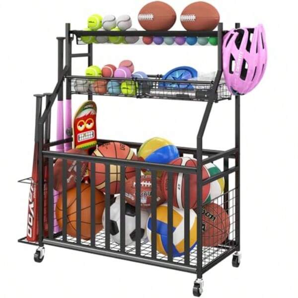 (Envío Gratis) Organizador de Equipamiento Deportivo Jsskeeim para Garaje Organizador de Pelotas Deportivas con Ruedas Canasta con Bolsillo de Malla Organizador de Pelotas con Estante para Bates de Béisbol y Ganchos Carrito Rodante para Almacenamiento de Juguetes - Negro