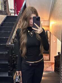 Atasan Dalaman Lengan Panjang Leher Bulat Minimalis Premium Gaya Seksi Musim Gugur/Dingin, Pullover Fleece Nyaman untuk Wanita Warna Hitam Musim Gugur - Hitam - View 2