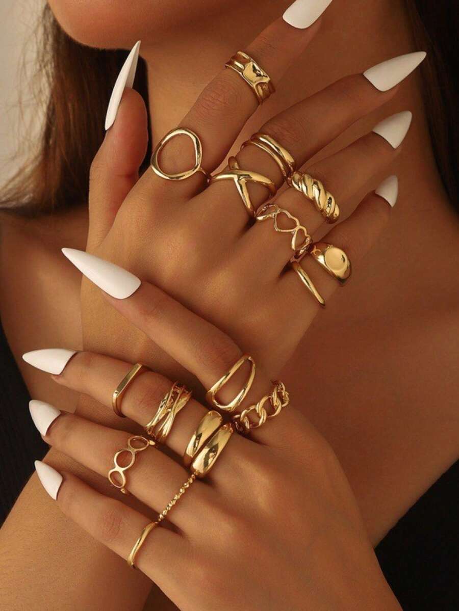 16pcs Geometric European & American Luxury Style Women's Rings, Heart Design Open Ring, Unique Niche Design Ring Set - Gold - View 1