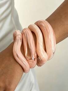 4/1pc Fresh Casual Elegant Pink Resin Twisted Curved Open Bangle Bracelet Set, Suitable For Daily Wear, Commuting, Party, Vacation And Gathering, Gift - Pink - View 2