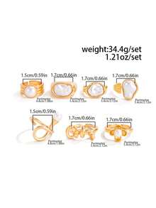 7pcs Set Asymmetrical Baroque Faux Pearl Twisted Flower Textured Open Rings, Multiple Styles Adjustable Wide Band Stackable Rings, Gentle Vintage Atmosphere Accessories, Suitable For Commute Floral Outfit, Girl Daily Wear - Gold - View 7