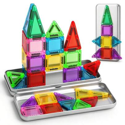 26 piezas de azulejos magnéticos, bloques de construcción magnéticos, azulejos magnéticos de viaje mini, regalo de cumpleaños STEM, interacción entre padres e hijos, juguete de viaje portátil, juego creativo, entrenamiento de coordinación mano-ojo, razonamiento espacial, estimula la creatividad y el desarrollo cerebral, adecuado para el aprendizaje e imaginación de los niños, adecuado para niños y niñas de 3 años en adelante como regalo de cumpleaños, regalo de Navidad, regalo de Año Nuevo, regalo de San Valentín para niños, decoración de San Valentín