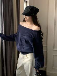 [Y6Y]Autumn Women Cold Shoulder Cable Knit Sweater, Exposed Shoulder Cable Knit Cardigan, Korean Style Gentle Aesthetic - Navy Blue - View 6