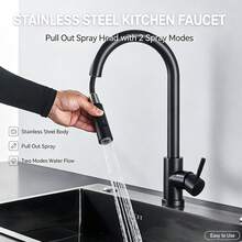 Stainless Steel Pull-Out Kitchen Faucet, Single Hole, 360° Swivel High Arc Modern Sink Tap, 2-Mode Spray Head, Suitable For Farmhouse, RV, Bar, Kitchen - Black - View 2