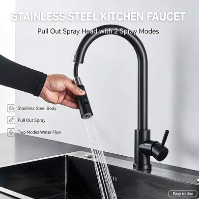 Stainless Steel Pull-Out Kitchen Faucet, Single Hole, 360° Swivel High Arc Modern Sink Tap, 2-Mode Spray Head, Suitable For Farmhouse, RV, Bar, Kitchen