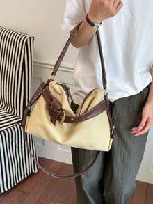 Vintage Contrast Color Belt Buckle Shoulder Crossbody Bag, Large Capacity Canvas & Leather Patchwork Tote Bag, Fashionable Versatile Commuter Handbag For Women - A - View 6