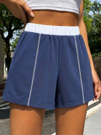 1pc Girls' Teenager Colorblock Elastic Waist Casual Shorts, Suitable For Outdoor, Indoor, Party Wear, Spring/Summer New Style