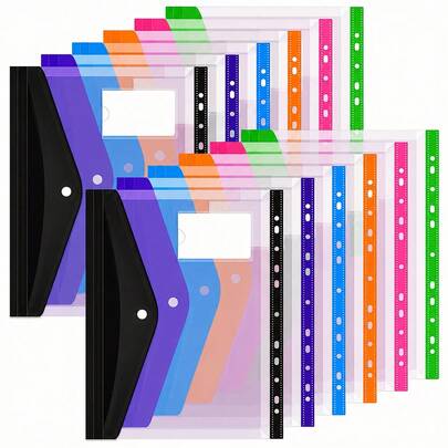 6/12pcs Plastic Envelope Loose-Leaf Binder 11-Hole Expandable Binder Folder, Suitable For 2/3/4-Ring Universal Document Bag, With Snap Button And Label Transparent Loose-Leaf, Suitable For School Home Office (Vertical Opening)