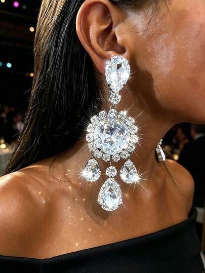 1 Pair Exaggerated Women's Rhinestone Large Earrings, Bohemian Style Party And Daily Wear Accessories