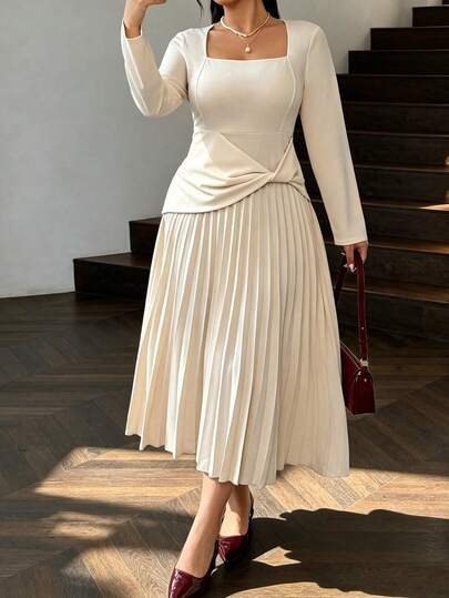 Elegant Plus Size Long Sleeve Square Neck Midi Dress, Pleated Design, Cinched Waist
