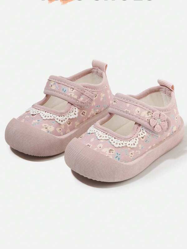 Girls' Ditsy Floral Canvas Slip-On Shoes, Spring/Autumn New Soft Sole Non-Slip Baby Pastoral Style Flower Hook & Loop Sneakers
