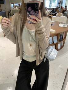 秋季新款慵懶寬鬆顯瘦針織開襟上衣，百搭薄款疊穿層 - 杏色 - 查看 4