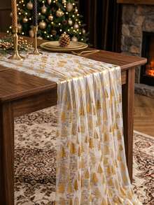 1pc Gold Christmas Tree Pattern Table Runner, Christmas Mesh Table Runner, Christmas Table Decoration, Home Decor, Kitchen Decor, Christmas Tablecloth Decoration, Christmas Party Supplies, Christmas Decoration Supplies, Christmas Baby Shower Decoration - Christmas Tree - View 4