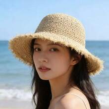 1pc Women's Straw Hat, Spring/Summer Beach Seaside Travel Sun Protection Vacation Wide Brim Sun Hat, Bohemian Style - Beige - View 6