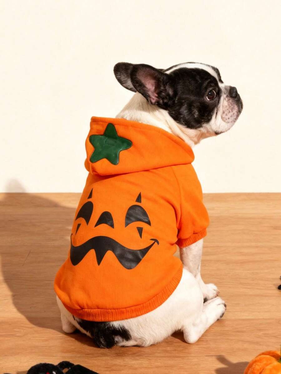 LUCKIE PAW 1pc Halloween Funny Pumpkin Pattern Pet Sweatshirt, Physical Flea Protection, Reduces Shedding, Warm & Breathable, Suitable For Small And Large Dogs And Cats, Indoor And Outdoor - Orange - View 1