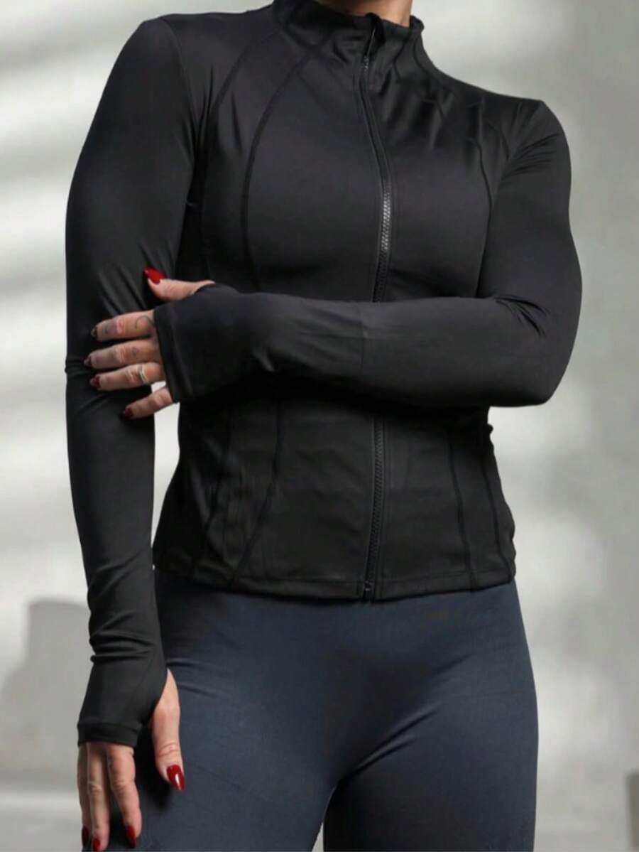 Jaqueta Esportiva Feminina com Zíper Manga Longa para Academia, Treino e Fitness - Preto - Visão 1