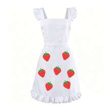 Cute Women's Long Strawberry Print Maid Apron With Shoulder Straps, Ruffle Lolita Kitchen Apron For Cooking, Baking, Housework And Cosplay - Multicolor - View 9