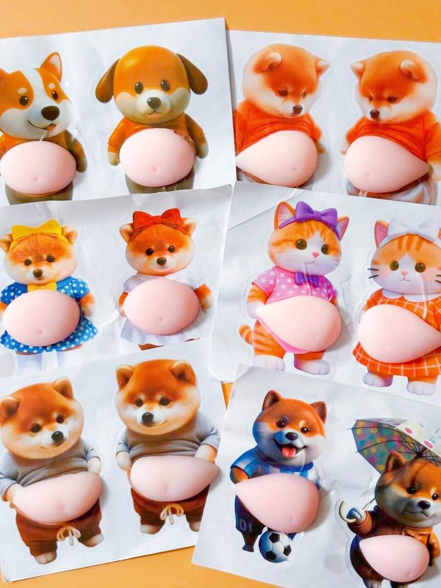 Funny 3D Soft Belly Cat Stickers, Waterproof Self-Adhesive Animal Laptop Stickers, Squeezable Silicone Shiba Inu Stickers Gift