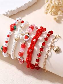 6pcs Girls Strawberry Pearl Beaded Butterfly Heart Bracelet Set - A - View 5