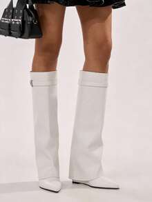 Women's Fold Over Shark Boots Pointy Pull-On Wide Calf Boots Shark Padlock Nightclub Elegant Luxury Fashion WInter Fall Shoes - 白色 - 查看 3