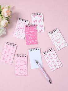 1/4/8pcs White And Pink Bow Notebook & Diary Set, Cute Bow Pocket Notebook (10cm) And Pen (14cm) Set, Bow Theme Party Gift, Birth, First Day Of School - Pink - View 10