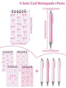 1/4/8pcs White And Pink Bow Notebook & Diary Set, Cute Bow Pocket Notebook (10cm) And Pen (14cm) Set, Bow Theme Party Gift, Birth, First Day Of School - Pink - View 13