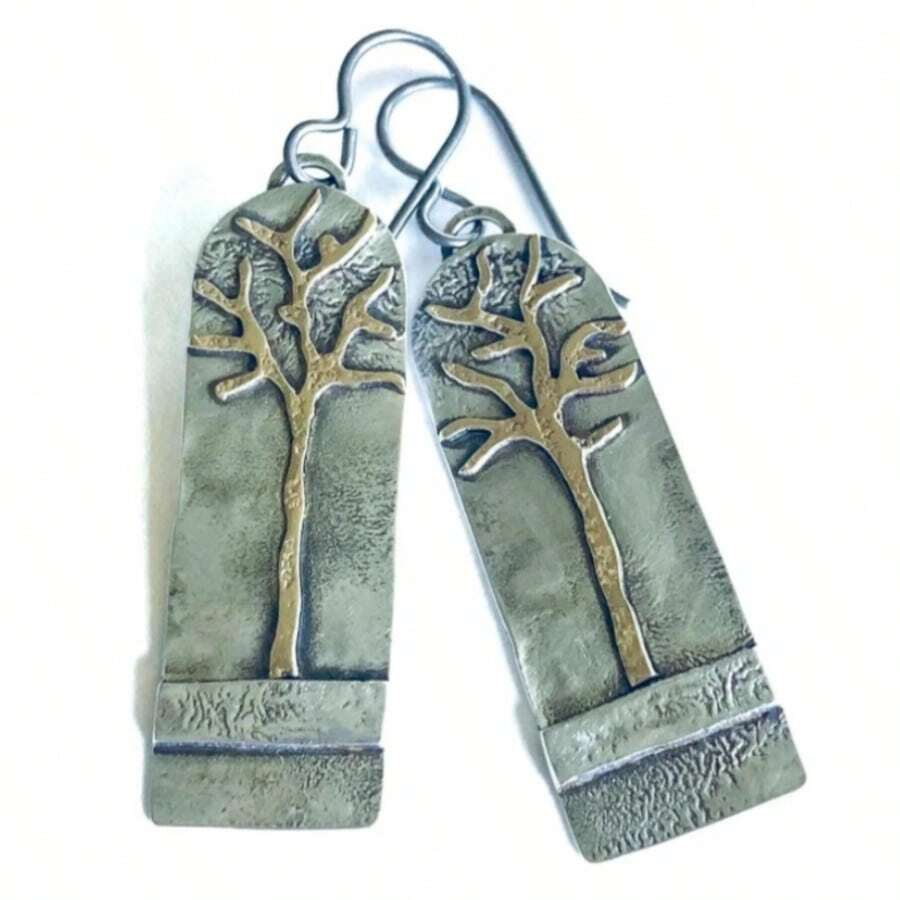 DIYCCPC Women's Vintage Curved Vertical Badge Earrings, Embossed Tree Of Life Textured Design, Suitable For Daily Commute, Casual Date And Vacation Wear