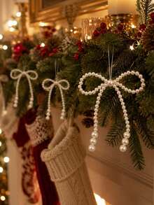 12/6/1pc Elegant Faux Pearl Bow Christmas Tree Hanging Ornament Pendant, Holiday Party Home Decor, Holiday Season Accessory, White Pearl Bow Pendant, Winter Theme Decoration, Room Accent Ornament - Multicolor - View 4