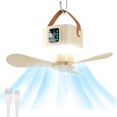 Ventilador colgante para tienda de campaña, ventilador portátil para exteriores, recargable por USB con luz, batería de 2*1800mAh modelo ventilador de camping, adecuado para camping y habitaciones de tienda de campaña