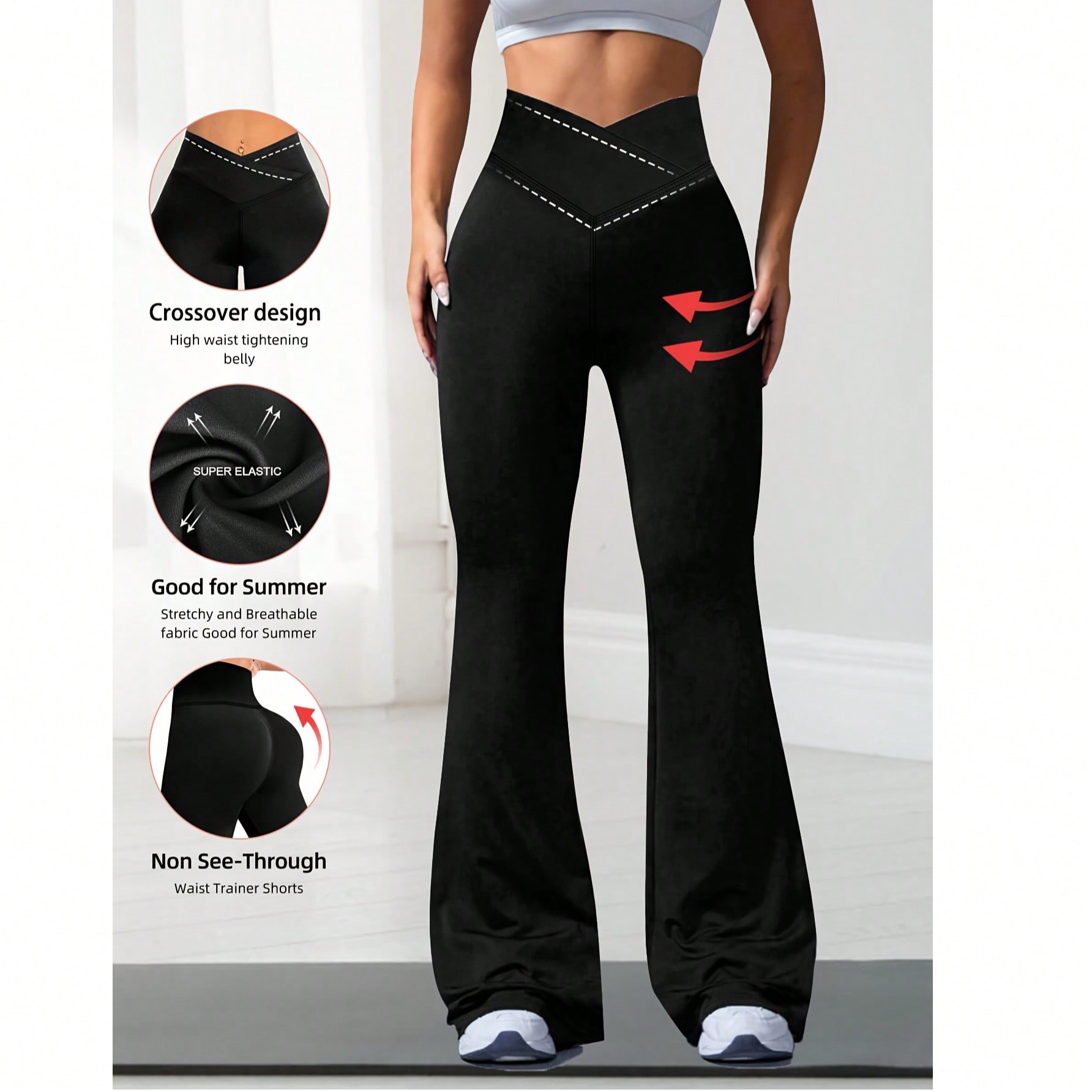 1pc New Fashion Elastic High Waist Cross Design, Flare Leg Yoga Leggings, Sports Fitness Shaping Long Pants Black