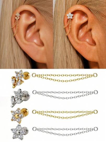4pcs Set Exquisite Rhinestone Flower Cartilage Earrings With Double Layer Chain Tassel, Niche Design Copper Zirconia Ear Cuff Studs, Versatile Piercing Earrings, Jewelry Gift For Friends