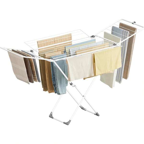 Clothes Drying Rack, Metal Laundry Drying Rack, Foldable, Space-Saving,-Standing Airer, With 4 Gullwings, Indoor Outdoor Use, Bed Linen Clothing, White ULLR541W01