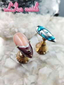 10pcs Handmade Full Cover Almond Shaped Press-On Nails, Silver Hand-Painted Blue Green Water Drop Ripple Pattern Fake Nails, Minimalist Ocean Fresh Y2K Style, Reusable, Suitable For Party, Daily Wear, Cosplay, Includes Jelly Glue And Nail File - Multicolor - View 5